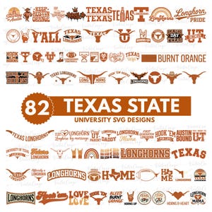 Pode incluir: Uma coleção de 82 designs SVG da Universidade Estadual do Texas em laranja queimado. A imagem apresenta vários logotipos, frases e gráficos relacionados aos Texas Longhorns, incluindo o icônico símbolo do longhorn e as palavras "Texas" e "Longhorns."