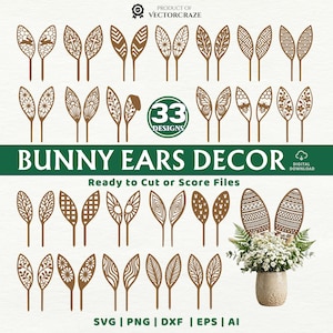 Può includere: Una collezione di 33 disegni di orecchie di coniglio marroni con vari motivi, perfetti per le decorazioni pasquali. L'immagine include il testo "BUNNY EARS DECOR" e le opzioni di formato file: SVG, PNG, DXF, EPS e AI. Download digitale.