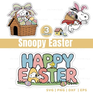 May include: A set of Snoopy-themed Easter designs. One features Snoopy in a basket with Easter eggs, another shows Snoopy as the Easter Bunny, and a third spells "Happy Easter" with Snoopy and Woodstock. The designs are bright and cheerful.