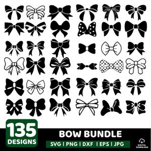 May include: A collection of 35 bow designs in black and white. The bows vary in style, including solid, outlined, and patterned options. The image includes the text "135 DESIGNS BOW BUNDLE" with file type options.
