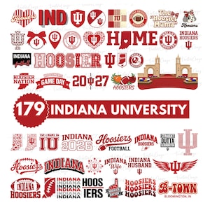 Puede incluir: Una colección de gráficos rojos y blancos con el tema de la Universidad de Indiana. El diseño incluye la palabra "Hoosiers" en varias fuentes, el contorno del estado de Indiana, balones de fútbol y el logotipo de IU. También está presente el texto "Indiana University".