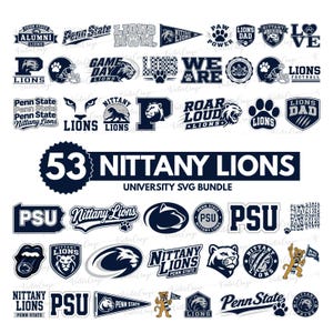 May include: A collection of 53 Nittany Lions university SVG designs in navy blue and white. The designs include logos, text, and graphics related to Penn State University, such as the Nittany Lion mascot, football helmets, and the text "Penn State".
