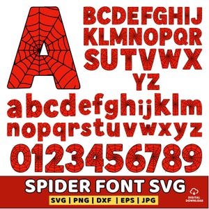 Puede incluir: Un conjunto completo de alfabeto y números en un diseño de telaraña roja. Las letras y los números están en mayúsculas y minúsculas, con un patrón de telaraña que llena cada carácter. La imagen también incluye el texto "SPIDER FONT SVG".