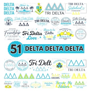 Puede incluir: Una colección de logotipos y frases de la hermandad Tri Delta en varias fuentes y estilos. Los diseños presentan la letra griega delta (Δ) e incluyen frases como "Sisterhood Forever" y "Delta Delta Delta". Los colores incluyen azul, amarillo y blanco.