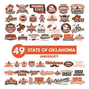 May include: A collection of orange and white Oklahoma State University Cowboys logos and emblems. The designs include the OSU logo, cowboy hats, footballs, and the words "Cowboys" and "Oklahoma State".