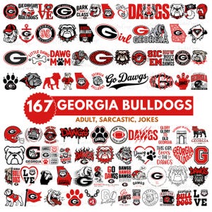 May include: A collection of 167 Georgia Bulldogs-themed graphics in red, black, and white. Designs include bulldog faces, the letter G, paw prints, and phrases like "Go Dawgs" and "Dawg Mom".