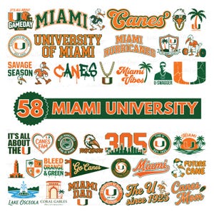 Puede incluir: Colección de gráficos temáticos de los Miami Hurricanes en naranja, verde y blanco. Los diseños incluyen texto como "Miami", "Canes", "Hurricanes" y "University of Miami", junto con varios logotipos e ilustraciones. Ideal para ropa y accesorios.