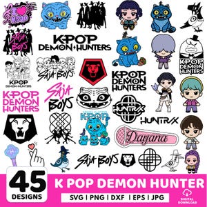 Può includere: Una collezione di 45 design K-Pop Demon Hunter in formati SVG, PNG, DXF, EPS e JPG. I design includono personaggi dei cartoni animati, gatti stilizzati ed elementi testuali come "Saja Boys" e "Dayana".