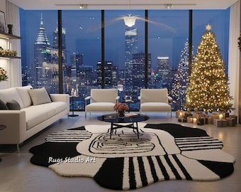 Irregular Black White Wool Rug – Modern Abstract Hand-Tufted Carpet