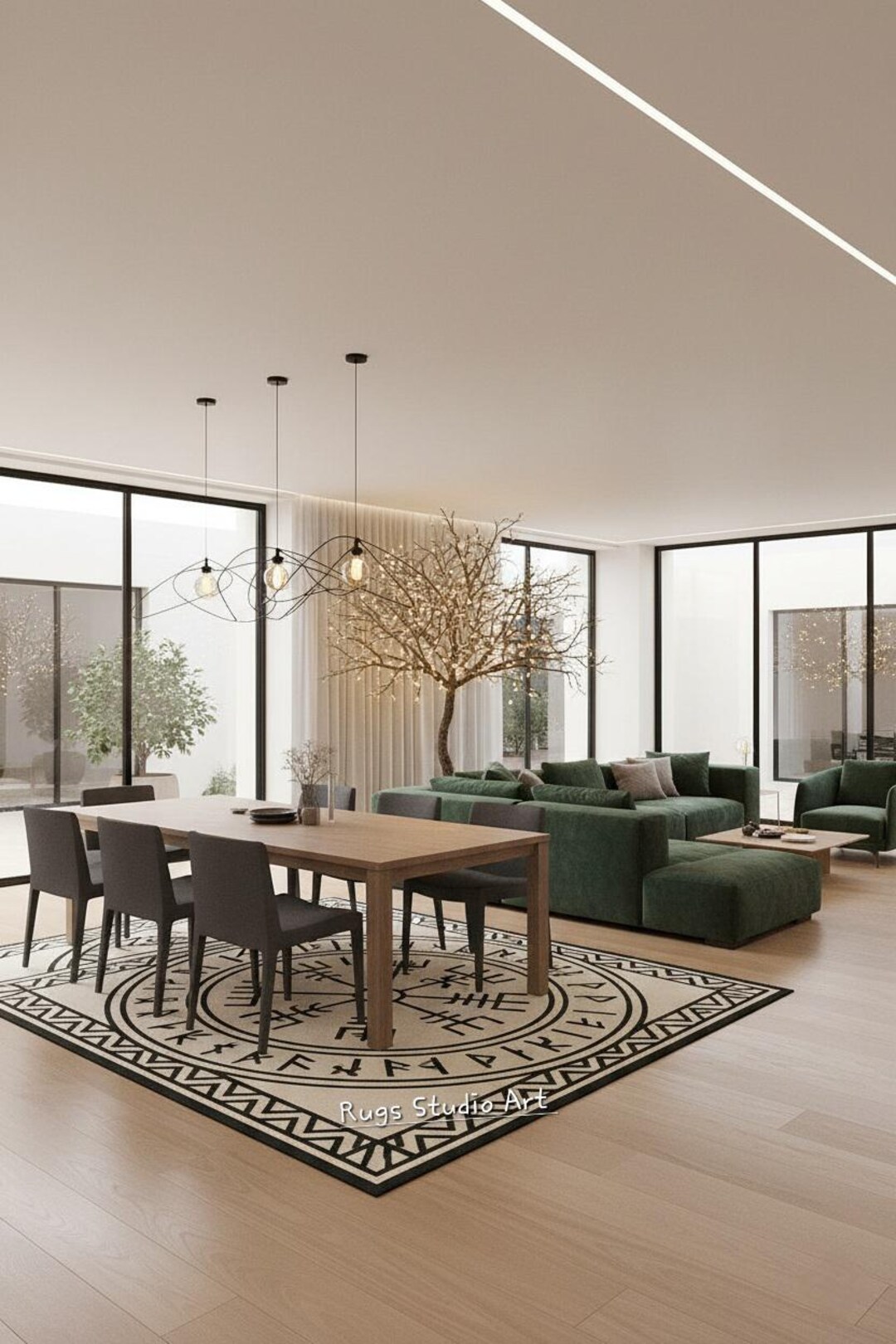 Hand-tufted Nordic Vegvisir Rug, Black and Beige Norse Compass, New ...