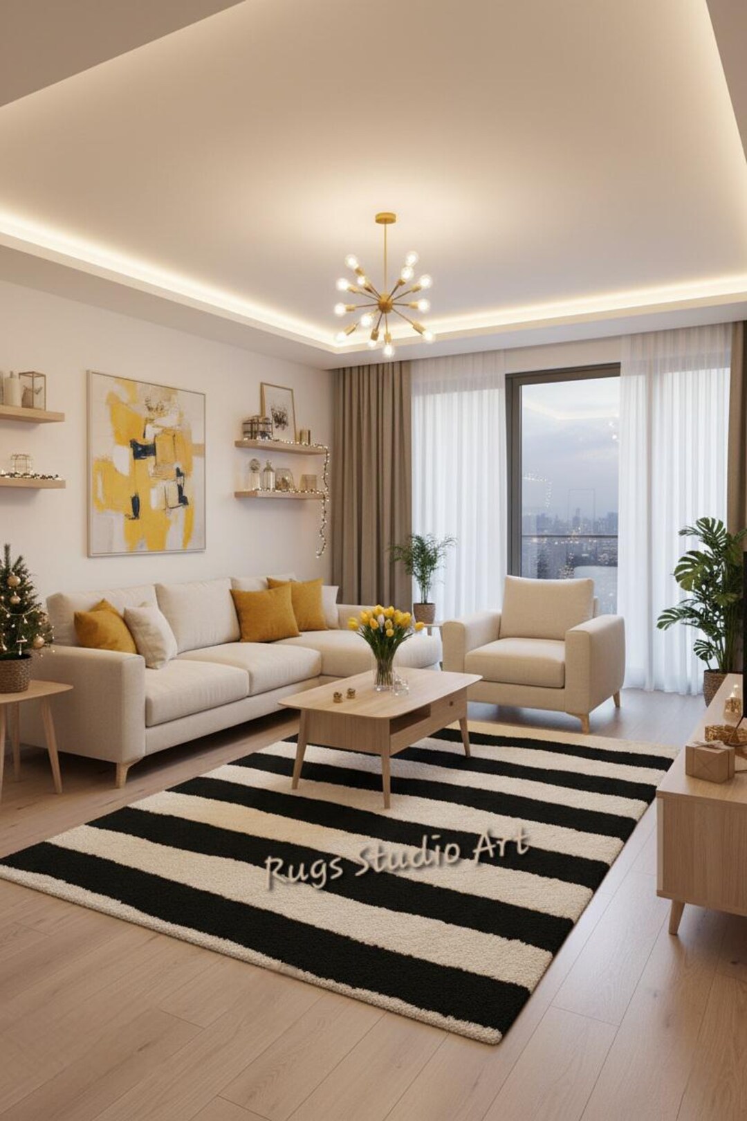Obt Rugs Hand Tufted Wool Blend Rug | Black Cream Wavy Stripe, Shaggy Pile - Etsy