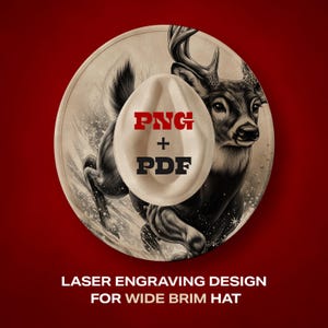 May include: A wide-brimmed hat design with a deer illustration in a winter scene. The hat design includes the text "PNG + PDF" in red and black. The bottom of the image reads "LASER ENGRAVING DESIGN FOR WIDE BRIM HAT".