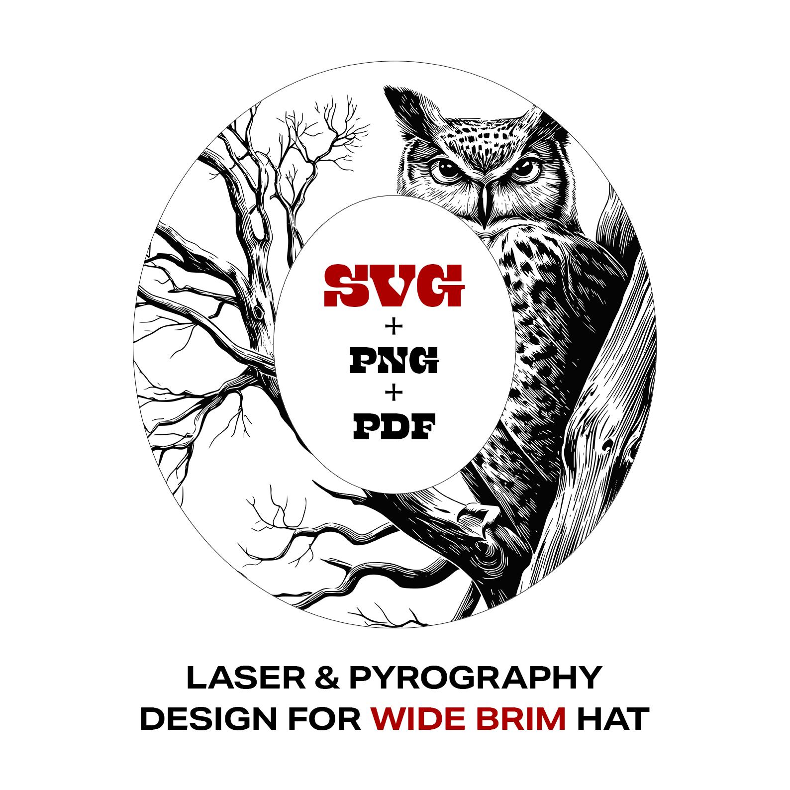 Owl on Branch Hat Burning Design: Wide Brim, Laser & Pyrography (SVG, PNG, PDF)