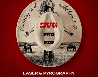 Country Soul, Wild Heart Hat Burning Design: Wide Brim, Laser & Pyrography (SVG, PNG, PDF)
