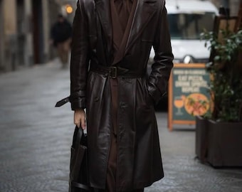 Trench-coat en cuir véritable | Manteau long fait main| Pardessus pour homme et femme| Manteau en cuir marron foncé| Manteau formel et semi-formel| Unisexe