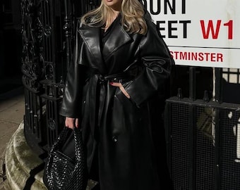 Trench-coat en cuir noir pour femme, veste longue ceinturée à double boutonnage, vêtement d'extérieur d'hiver oversize, cadeau pour elle