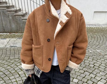 Veste en peau lainée marron pour femme, manteau aviateur en daim fait main, veste d'hiver doublée en peluche, vêtement d'extérieur d'hiver vintage, cadeau pour elle