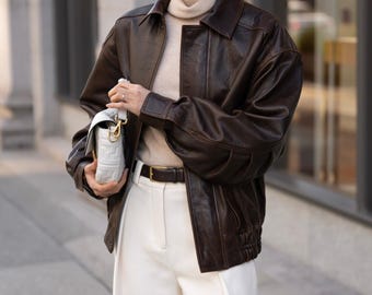 Veste en cuir véritable marron pour femme, blouson bomber oversize en cuir, veste de motard vintage, manteau aviateur marron foncé, cadeau pour elle