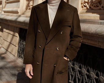Manteau long en laine marron pour homme, croisé, trench-coat d'hiver classique, veste habillée, manteau élégant et décontracté pour homme, cadeau pour lui