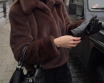 Women’s Chocolate Brown Faux Fur Jacket, Cropped Plush Winter Coat, Faux Mink Style, Y2K Luxury Outerwear