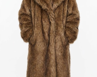 Manteau long en fausse fourrure marron pour femme, manteau oversize, manteau d'hiver long, manteau teddy vintage, manteau chaud, trench-coat, pardessus pour femme