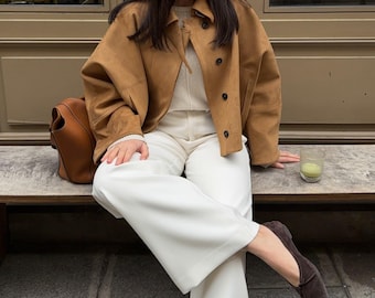 Veste en daim beige pour femme, veste courte en daim véritable, manteau oversize à boutons, vêtement d'extérieur vintage, cadeau pour elle