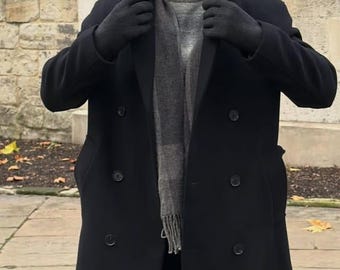 Men’s Black Wool Overcoat | Hand-Made Double-Breasted Winter Coat with High Collar | Semi Formal Style | Gift For Him