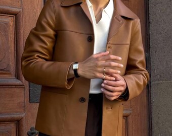 Men’s Cognac Brown Leather Blazer, Tailored Button Jacket, Vintage 90s Smart Casual Coat