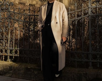 Men’s Beige Long Wool Coat | Hand-Made Trench Style | Overcoat for Old Money Winter Style | Gift For Him