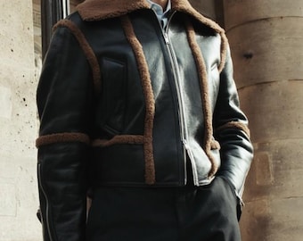 Men’s Black Leather Shearling Jacket, Brown Fur Collar Aviator Bomber, Vintage Winter Flight Jacket