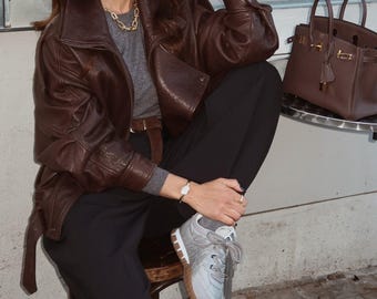 Veste de motarde en cuir marron foncé pour femme, manteau de moto oversize ceinturé, vêtement d'extérieur vintage pour motarde, cadeau pour elle