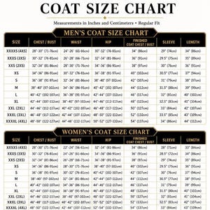 May include: A Liberty Jackets coat size chart featuring two tables for men and women. The chart lists sizes from XXXXS to XXXXL with corresponding measurements in inches and centimeters for chest, waist, hip, finished coat chest, sleeve, and length.