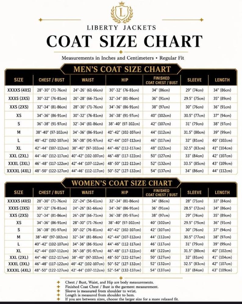 May include: A Liberty Jackets coat size chart featuring two tables for men and women. The chart lists sizes from XXXXS to XXXXL with corresponding measurements in inches and centimeters for chest, waist, hip, finished coat chest, sleeve, and length.