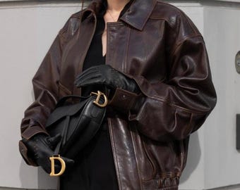 Women’s Dark Brown Leather Bomber Jacket, Oversized Vintage 90s Leather Jacket, Relaxed Streetwear Coat