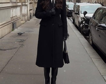 Women’s Hand Made Black Long Wool Coat | Trench Coat | Winter Overcoat | Formal Style | Women's Fashion | Office Outfit | Women's Fashion