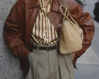 Blouson aviateur en cuir marron pour femme, manteau oversize vintage à col zippé, style streetwear rétro années 90, vêtement d'extérieur automne-hiver, cadeau pour elle