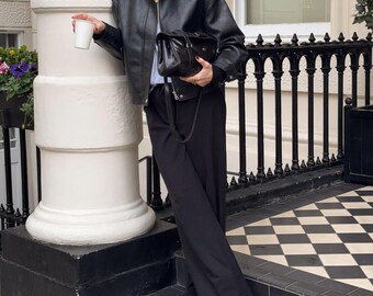 Veste en cuir véritable noir pour femme, blouson de motard oversize, blouson bomber vintage en cuir, veste de moto à col montant, cadeau pour elle
