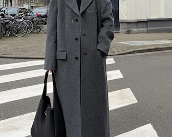 Women’s Charcoal Gray Long Coat, Oversized Tailored Maxi Overcoat, Classic Winter Coat, Minimalist Streetwear