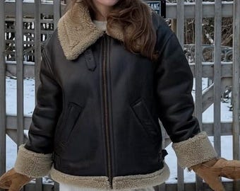 Veste aviateur noire pour femme, blouson bomber à bordure en peau lainée, vêtement d'extérieur d'hiver, style aviateur vintage