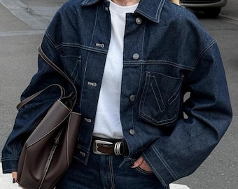 Women’s Dark Wash Denim Jacket, Oversized Cropped Jean Jacket, Indigo Trucker Jacket, Y2K 90s Streetwear
