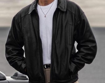 Men’s Black Leather Jacket, Vintage Zip Bomber Jacket, 90s Y2K Leather Coat, Minimalist Streetwear Jacket, Gift for Him