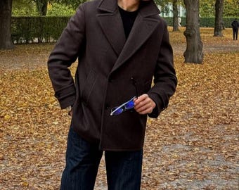 Cappotto da uomo in lana marrone / Cappotto invernale doppiopetto fatto a mano / Capispalla autunnale di vecchia data
