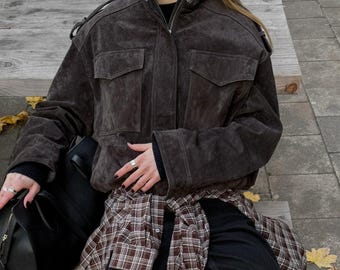 Women’s Dark Brown Suede Bomber Jacket, Oversized Cropped Utility Coat, Vintage Y2K Streetwear