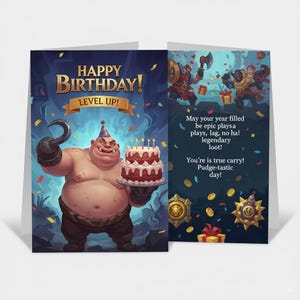 Puede incluir: Tarjeta de cumpleaños con una ilustración de dibujos animados de un personaje sosteniendo un pastel. La parte delantera de la tarjeta dice "HAPPY BIRTHDAY! LEVEL UP!" y el interior tiene un mensaje temático de juegos. Los colores de la tarjeta son azul oscuro y marrón.