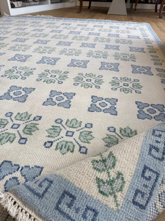 Modern Oushak Rug, Blue and Green Hand Knotted Wool Rug, Swedish Geometric Floral Cream Area Rug for Living Room, Custom Pastel Nursery Rug