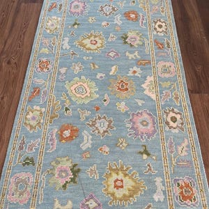 Alfombra de lana Oushak hecha a mano, color azul pastel, estilo turco, para sala de estar, habitación infantil, dormitorio, estética floral vintage, tamaño personalizado: 8x10 y 9x12.