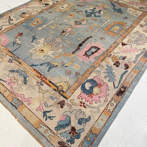 May include: A rectangular area rug featuring a light blue central field with a multi-colored floral and vine pattern in shades of pink, orange, cream, and dark blue. The rug has a wide border with a repeating botanical design in similar colors.