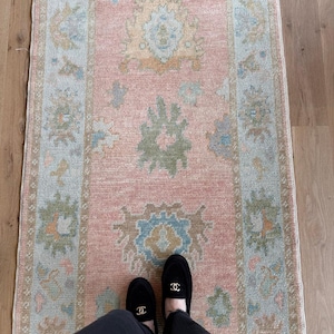 Pastellrosa Oushak löparmatta handknuten ull vintage blommig hallkökslöpare 3x15 anpassad storlek tillgänglig barnrumsmatta