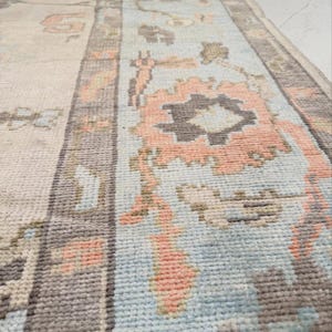 May include: A woven area rug featuring a light cream background with a wide border in pale blue. The design includes floral and geometric motifs in shades of muted peach, charcoal gray, and soft blue, showcasing a textured, knotted pile surface.