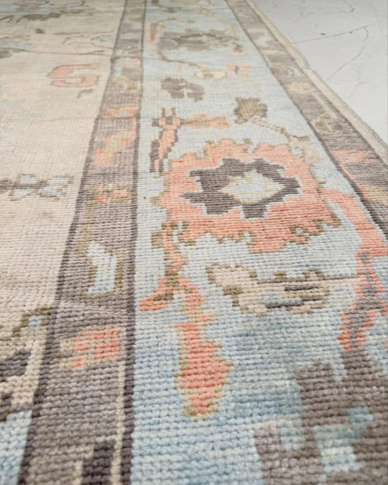 May include: A woven area rug featuring a light cream background with a wide border in pale blue. The design includes floral and geometric motifs in shades of muted peach, charcoal gray, and soft blue, showcasing a textured, knotted pile surface.